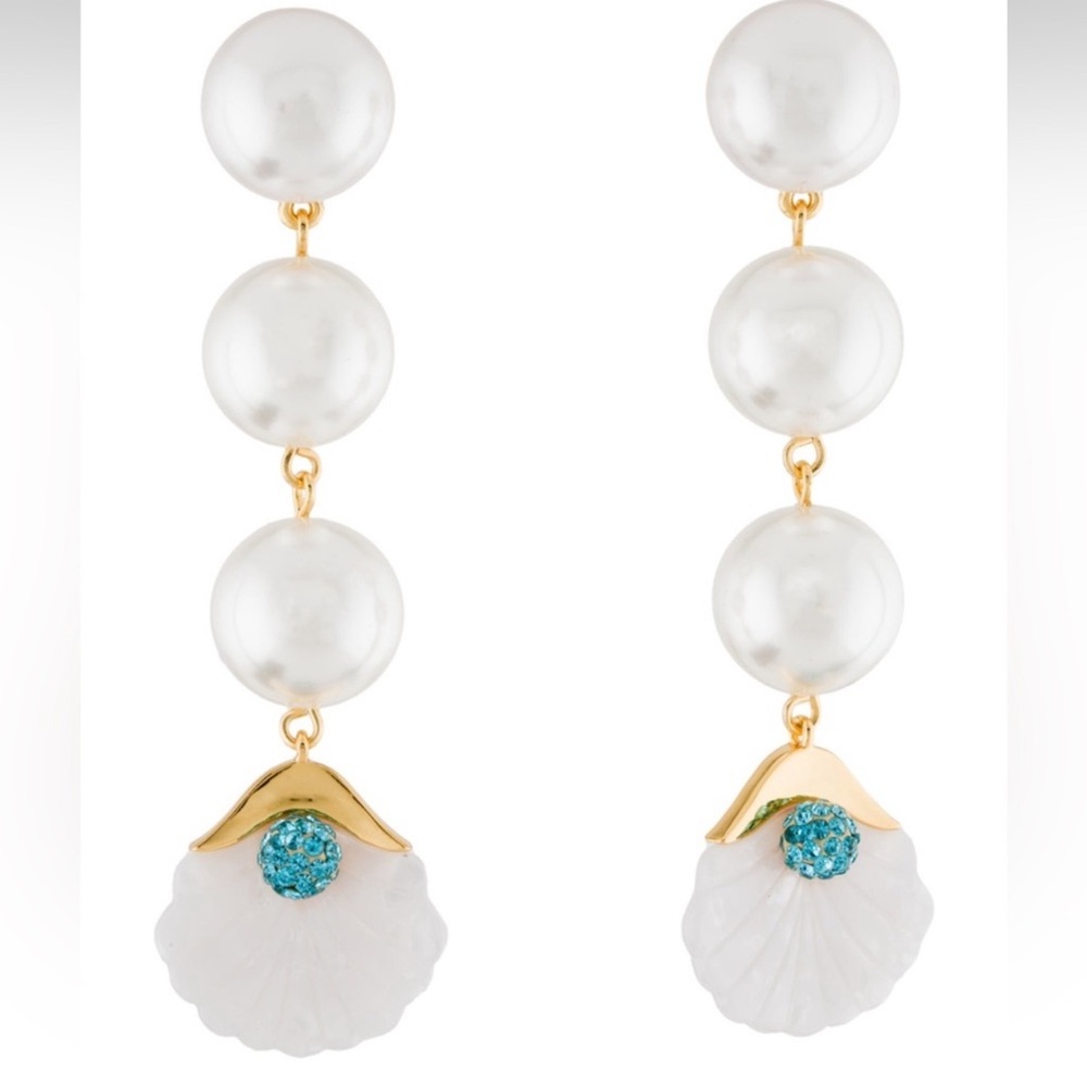 Lele Sadoughi White Pearl Drop Earrings with Gold and Turquoise Accents